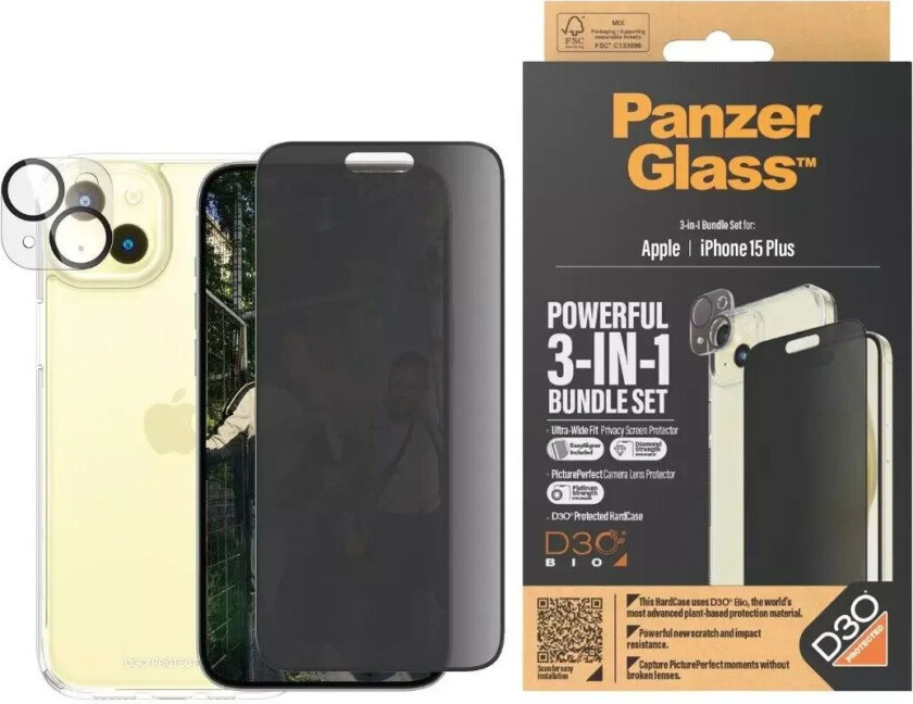 iPhone 15 Plus 3-i-1 Bundle m. EasyAligner - Privacy Skjermbeskyttelse (UWF) / Deksel / Kamerabeskyttelse - Gjennomsiktig / Svart