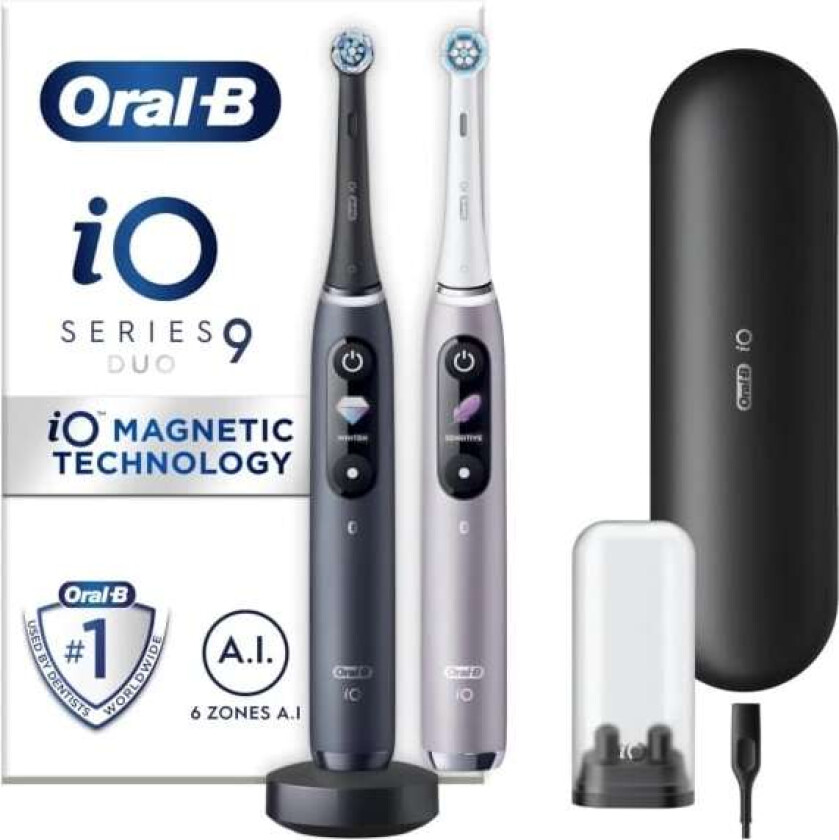 Oral-B iO Series 9 med 2. håndstykke, svart onyx/rosekvarts dobbel pakke og 3 børstehoder, 7 rengjøringsmoduser, magnetisk teknologi og 3D-analyse, fargeskjerm, reiseveske for lading (4210201449058)