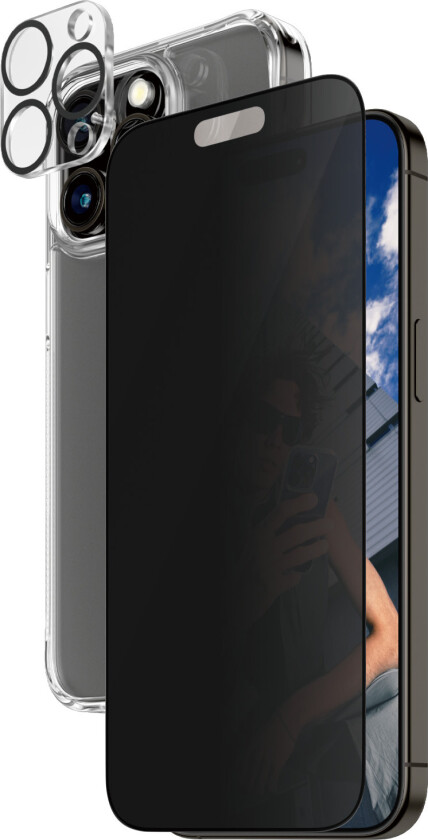 iPhone 15 Pro Max 3-i-1 Bundle m. EasyAligner - Privacy Skjermbeskyttelse (UWF) / Deksel / Kamerabeskyttelse - Gjennomsiktig / Svart