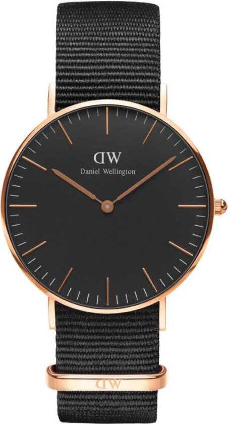 Classic Black Cornwall - Rosegull dameklokke med sort urskive og reim - Kvarts - Kobber Rosegull - Dameklokker - Stoff - Mineral