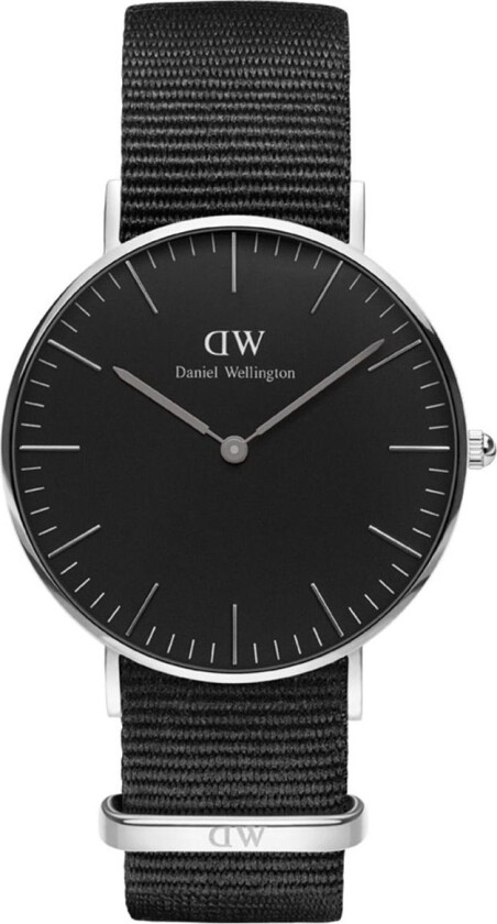 Daniel Wellington Classic Black Cornwall - Dameklokke i sølv med sort urskive og reim - Kvarts - Sølv - Dameklokker - Stoff - Mineral