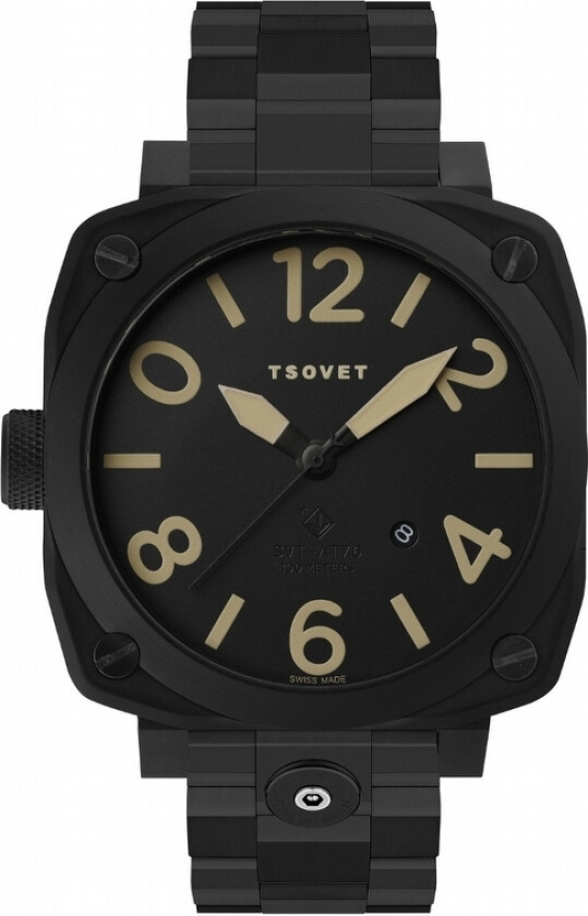 SVT-AT76 - Herreklokke i rustfritt stål m/ PVD-belegg & beige detaljer - Kvarts - Sort - Herreklokker - Rustfritt stål - ledd m/pin -...