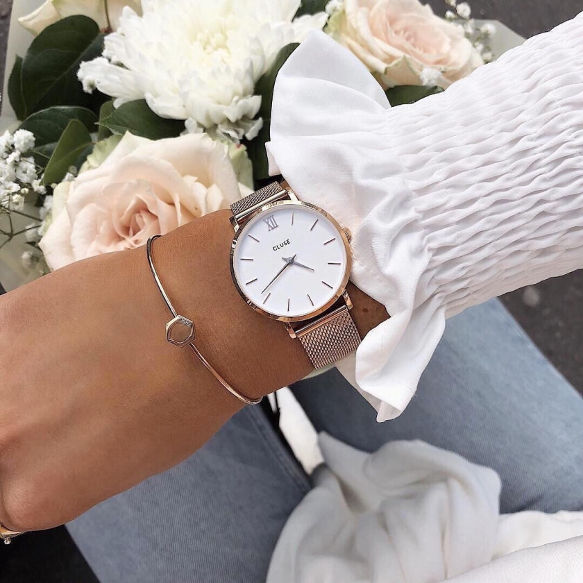 Minuit Rose White Mesh CL30013 - Kvarts - Rosegull - Dameklokker - Meshlenke - Mineral