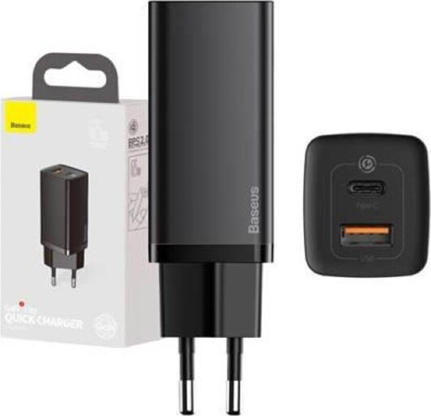 65W GaN² Lite PD Vegglader USB-C & USB-A - Svart