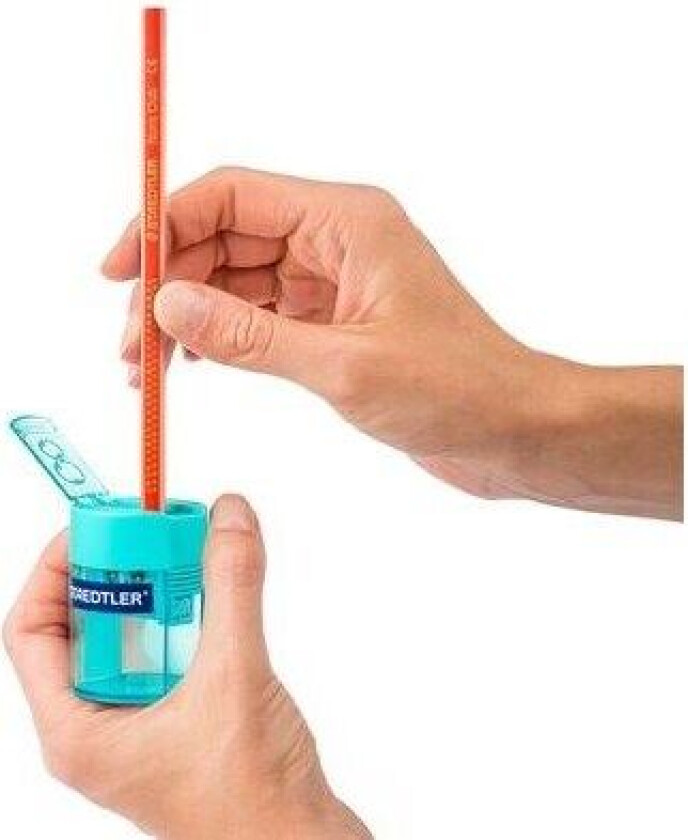 - Blyantspisser med beholder - 2 hull - cyan - metall, polystyren