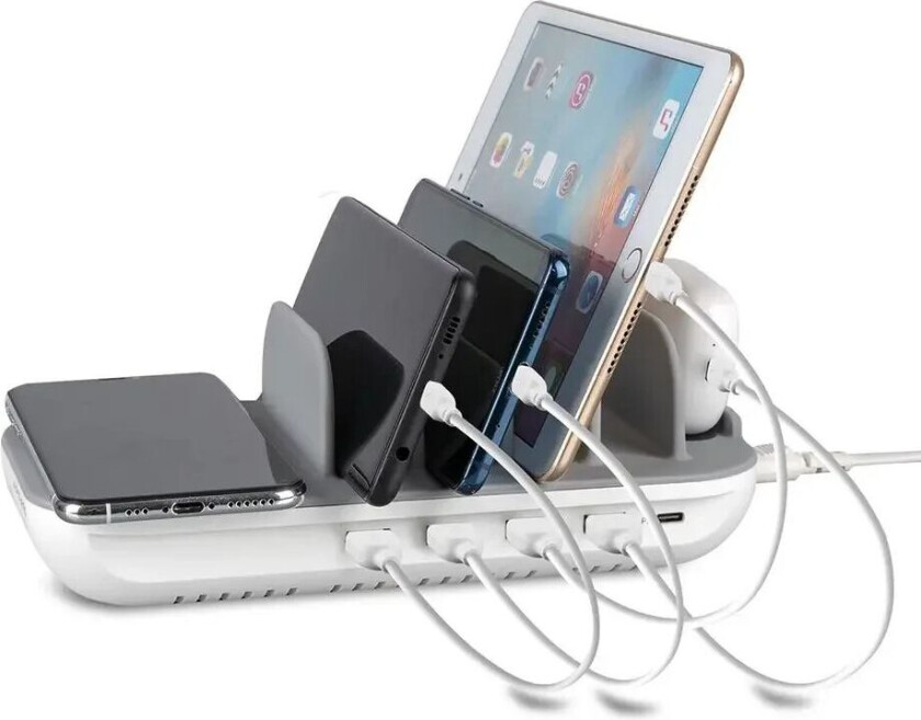 Charging Station Family Evo Version 63W m. Trådløs Lader, 5 x Laderkabler & Airpod Laderstativ - Hvit / Grå