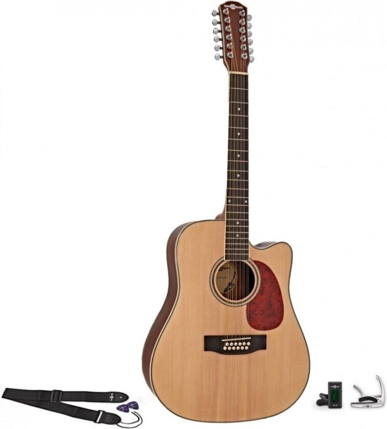 Gear4Music Dreadnought 12 Strengers Akustisk Gitar Naturlig + Tilbehørspakke