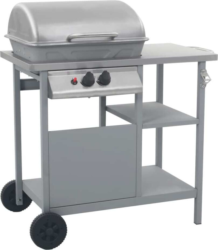 Gassgrill med sidebord i 3 etasjer sølv