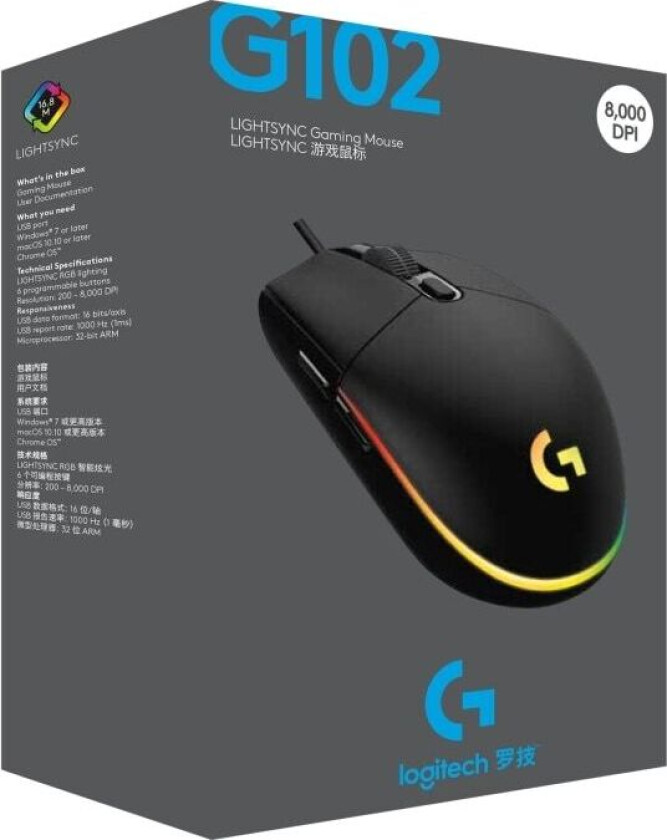 G102 LIGHTSYNC - Black - Gaming mus - Optisk - 6 - Svart med RGB-lys