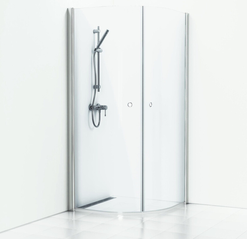 Skoga buet dusjhjørne 80 x 80 cm, klart glass/blank alu, m/hullgrep