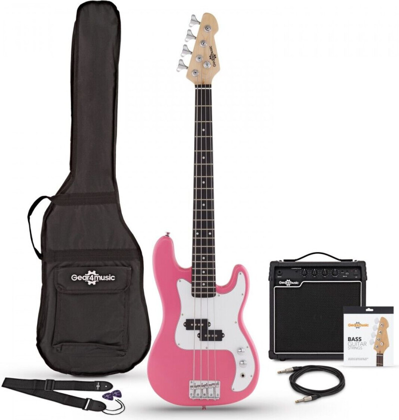 Gear4Music 3/4 LA Bassgitar + 15W Forsterkerpakke Rosa