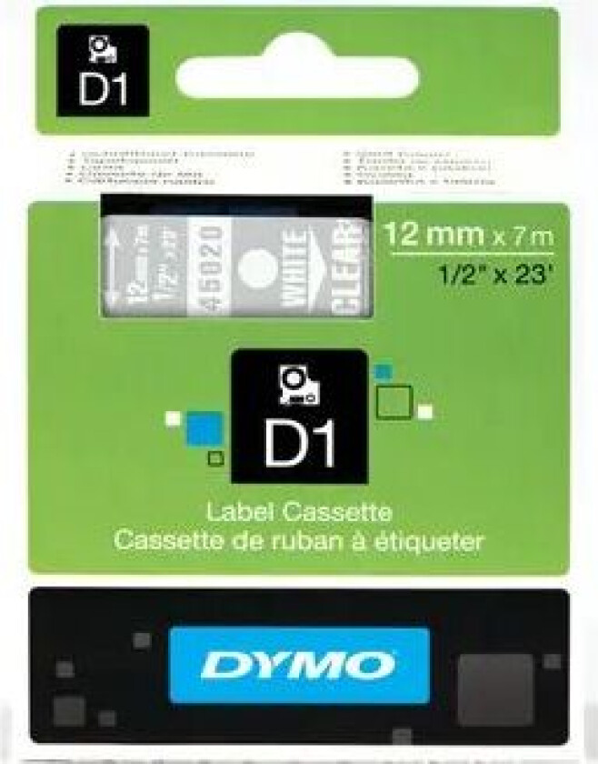 Dymo Tape D1 12mm Hvit/gjennomsiktig