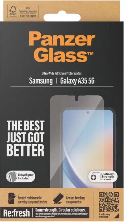 Samsung Galaxy A35 (5G)  Ultra Wide Fit Re:fresh Skjermbeskyttelse m. EasyAligner - Platinum Strength - Gjennomsiktig