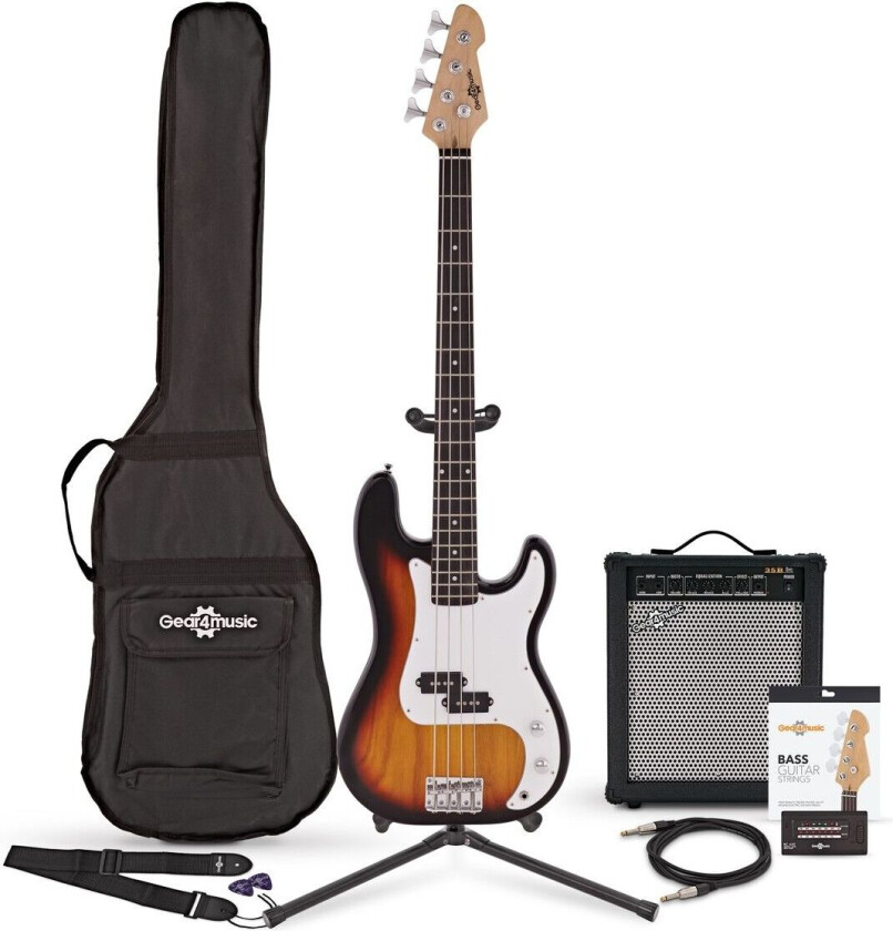 Gear4Music LA Bassgitar + 35W Forsterkerpakke Sunburst