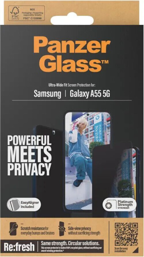 Samsung Galaxy A55 (5G)  Ultra Wide Fit Re:fresh Skjermbeskyttelse m. EasyAligner - Privacy - Platinum Strength - Gjennomsiktig / Svacart Kant