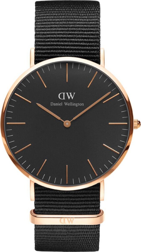 Classic Black Cornwall - Rosegull herreklokke med sort reim og urskive - Kvarts - Kobber Rosegull - Herreklokker - Stoff -...