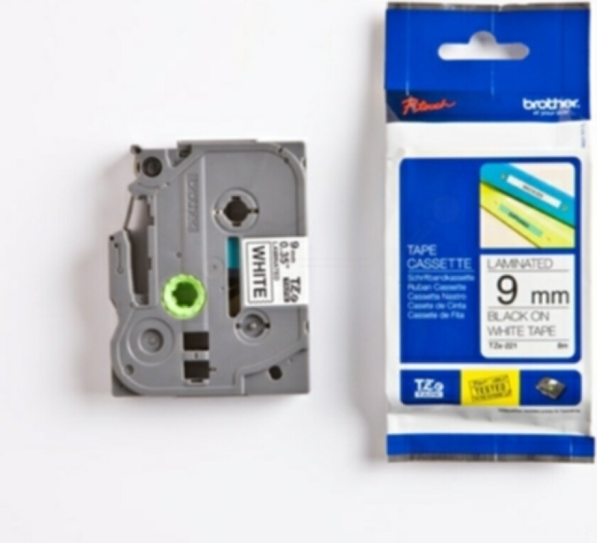 Merketape  TZe-221 9mm Sort på hvit 8 m - 91456