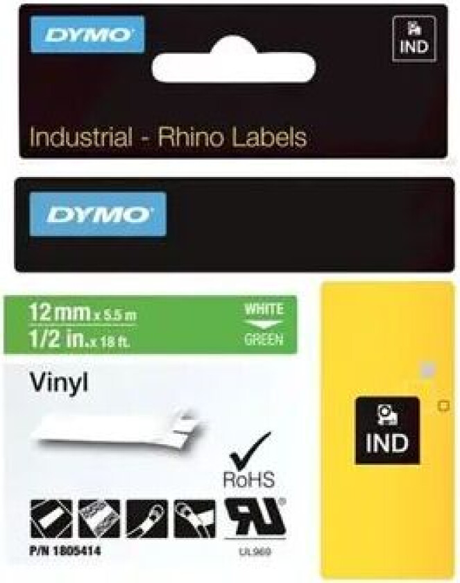 Dymo Tape Rhinopro Permanent Vinyl 12mm Hvit/grønn