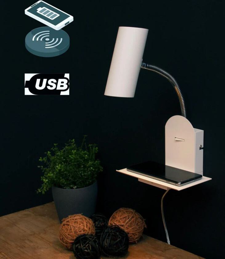 Patra vegglampe med trådløs lader og USB - Hvit