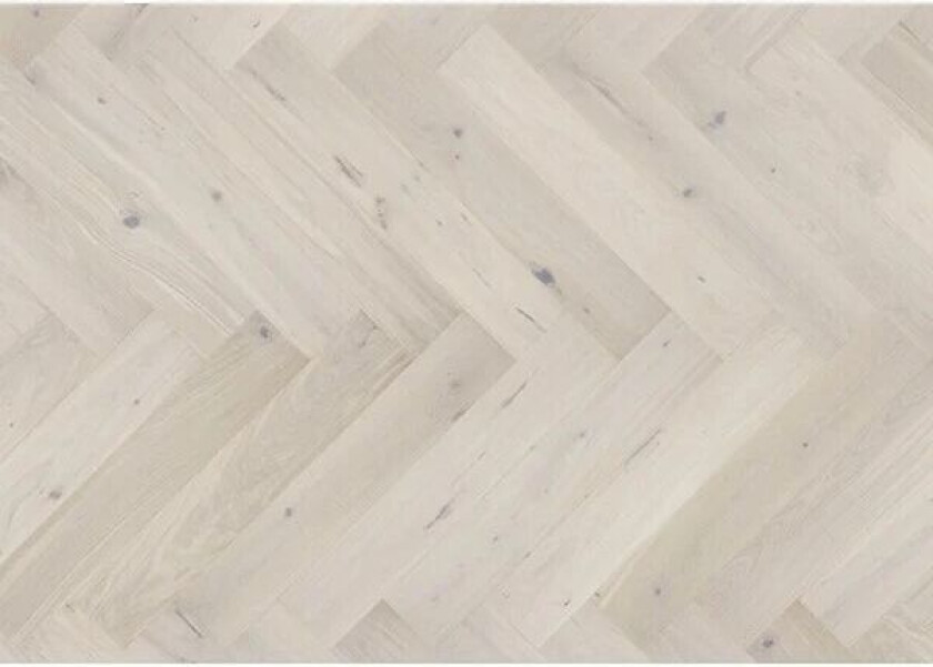 Saga Herringbone Fl Oak Pearl Hvit Matt Lakk Optilock 725x130x14mm 4 Sider Fas 2,5mm Toppsjikt