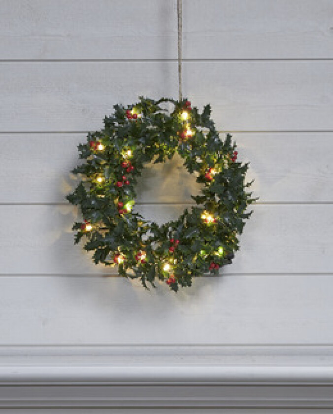 Holly krans m/røde bær 30 cm - Batteridrevet m/timer