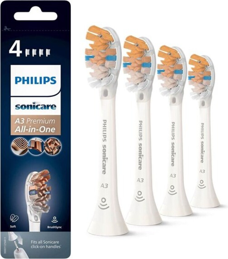 A3 Premium All-in-One HX9094/10 Standard soniske tannbørstehoder, 4 stykker, Hvit, 3 måned(er), Medium, , 2 Series Plaque Control, 2 Series Plaque Defense, Series 2100, 3 Series, DiamondClean,...