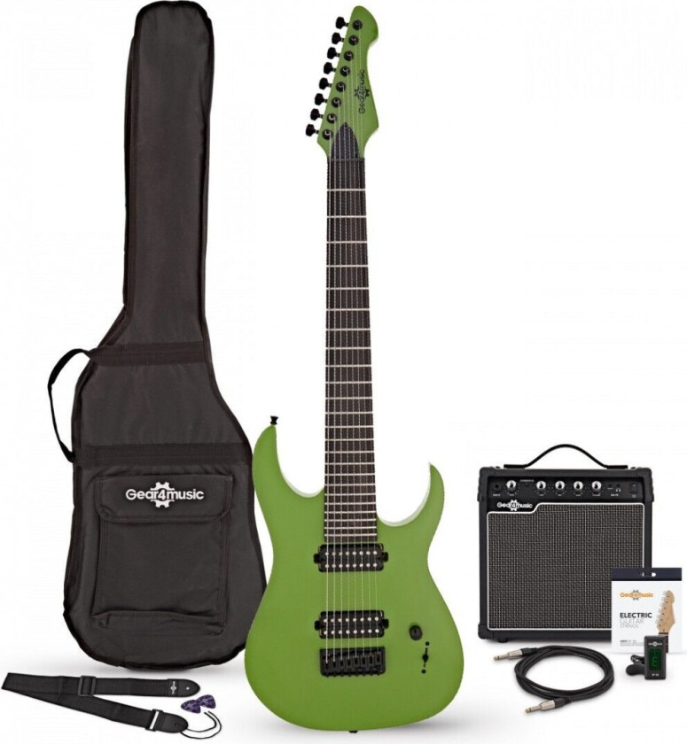 Gear4Music Harlem S 8-Strengs Elektrisk Gitar + 15 W Forsterkerpakke Slime Green