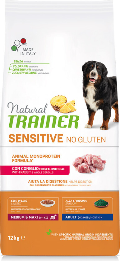 Natural Trainer Sensitive No Gluten Adult Medium/Maxi Single Protein med kanin - Sett %: 2 x 12 kg