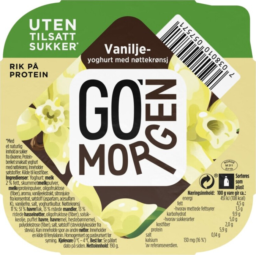 Go'morgen Zero Vaniljeyoghurt med Nøttekrønsj 190g