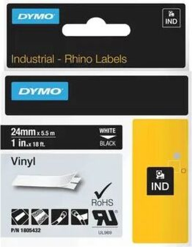 Dymo Tape Rhinopro Permanent Vinyl 24mm Hvit/svart