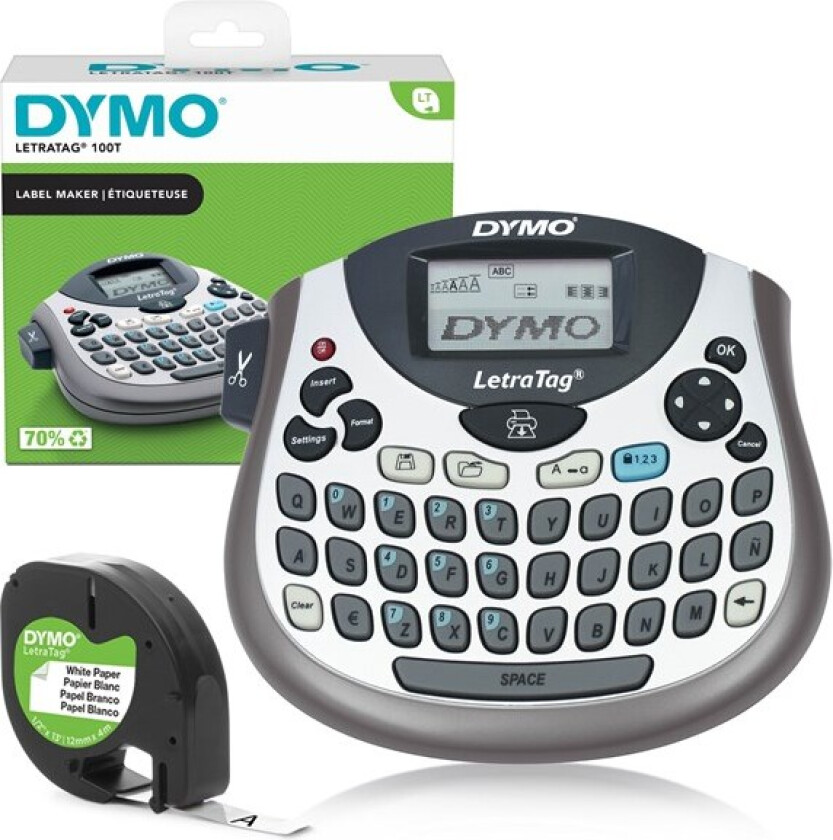 Dymo LetraTag LT-100T etikettmaskin | Bærbar etikettskriver med QWERTY-tastatur | Sølv | Ideell for kontoret eller hjemme