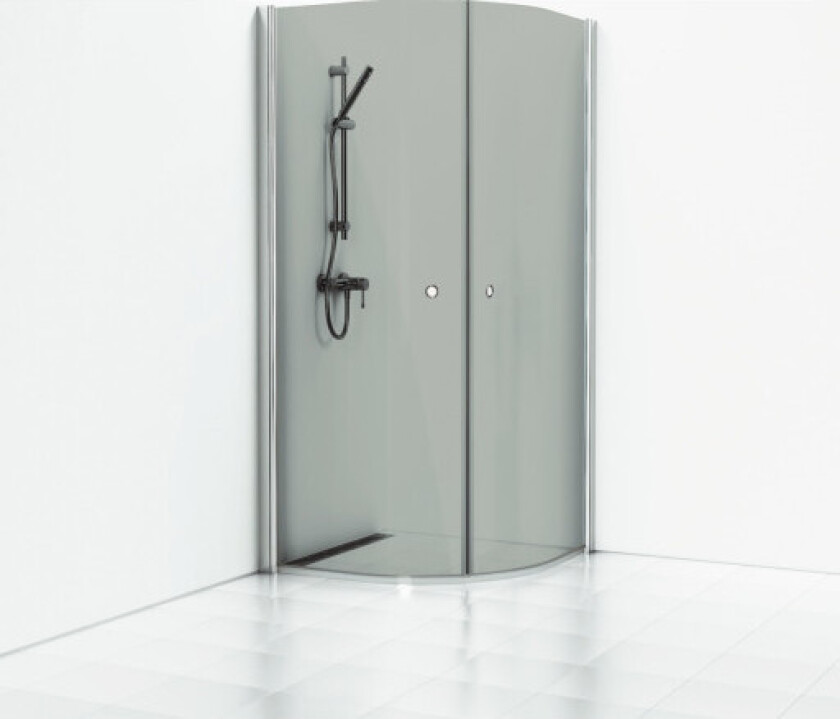 Skoga buet dusjhjørne 80 x 80 cm, røykfarget glass/blank alu, m/hullgrep