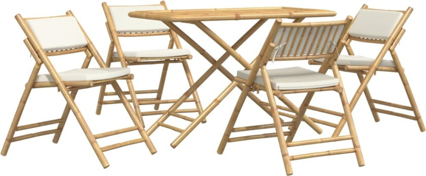 Sammenleggbart bistrosett 5 stk med kremhvite puter bambus