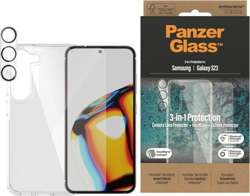 Samsung Galaxy S23 3-i-1 Bundle med EasyAligner - Beskyttelseglass (UWF) / Deksel / Kamerabeskyttelse - Gjennomsiktig