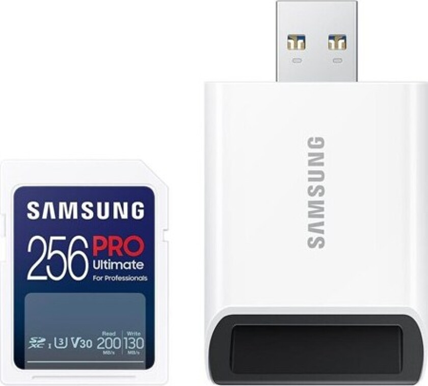 256 GB. SDXC-kort PRO ULTIMATE Class 10 + leser (U3 V30), (r200NB/s, w130MB/s)