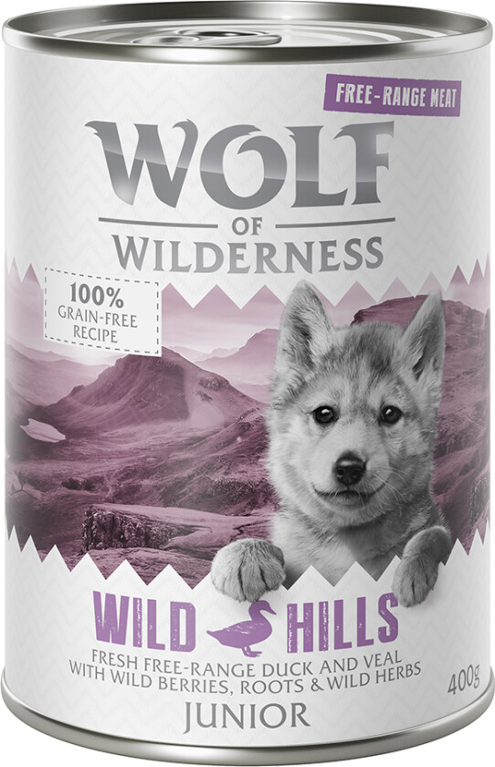 24x400g Wolf of Wilderness Junior "Frittgående" - Junior Wild Hills - Frittgående And & Kalv