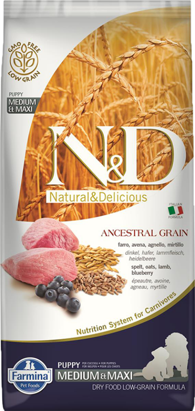 N&D Ancestral Grain Lamb & Blueberry Puppy Medium/Maxi Tørrfôr til hund 12 kg