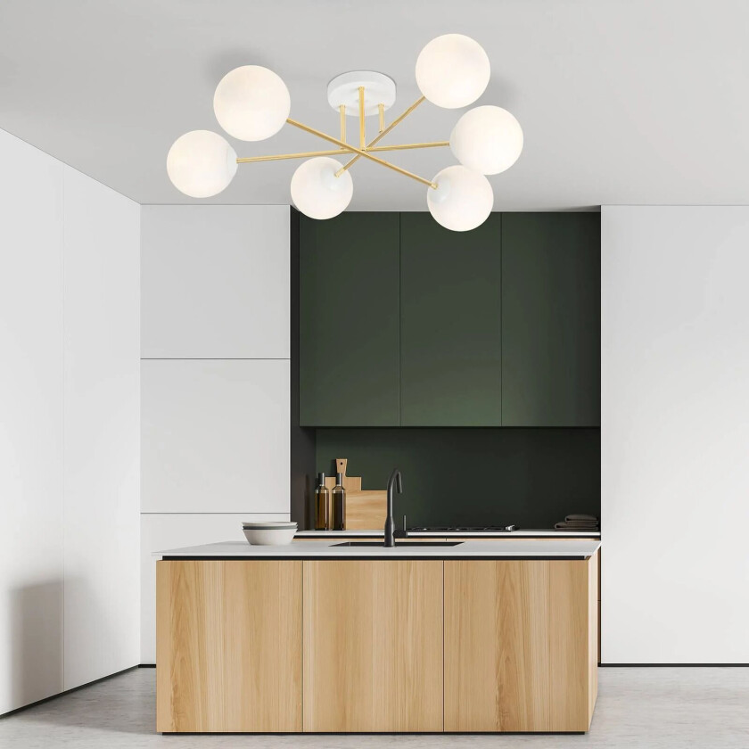 Glassy taklampe, 6-lys, hvit/gull/opal