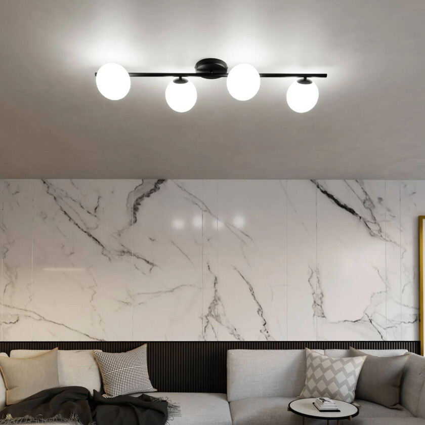 Glassy taklampe, 4-lys, lineær, svart/opal