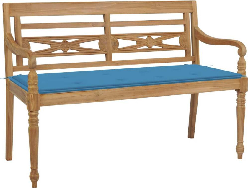 Batavia benk med blå pute 120 cm heltre teak