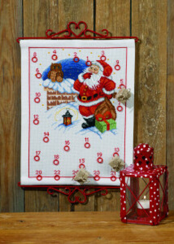 Broderikit Julekalender - Julenisse og Ugle 32 x 41 cm