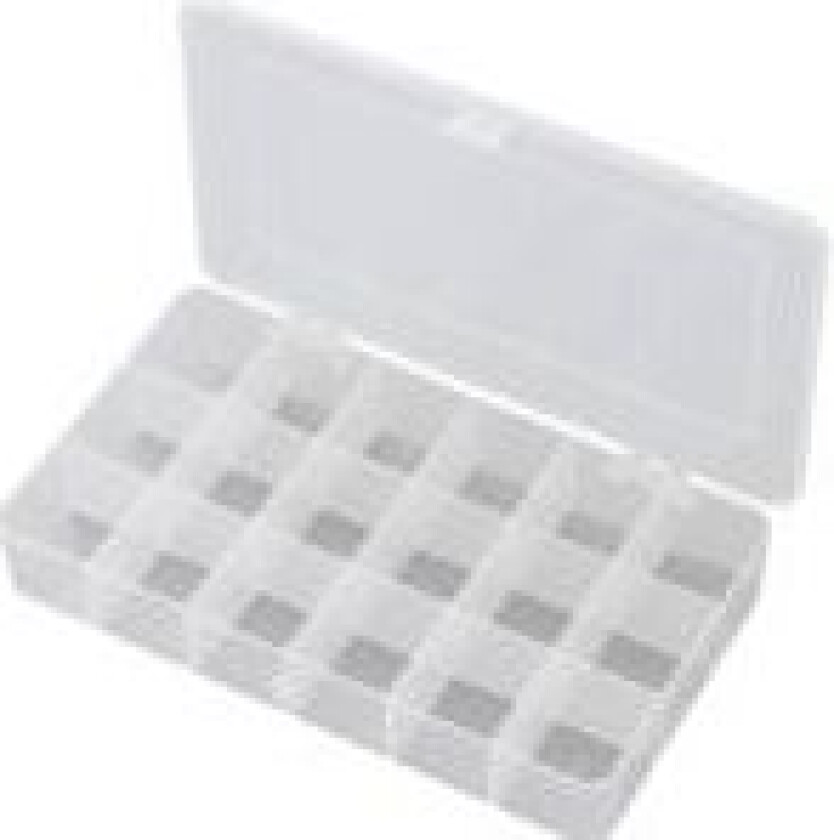 TRU COMPONENTS E-107 Sortimentskasse (L x B x H) 210 x 112 x 30 mm Antal fag: 18 Fast underopdeling Indhold 1 stk