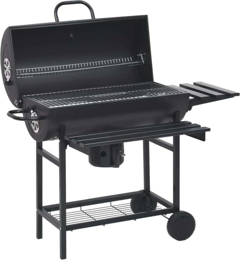 Tønnegrill med hjul og hyller svart stål 115x85x95 cm