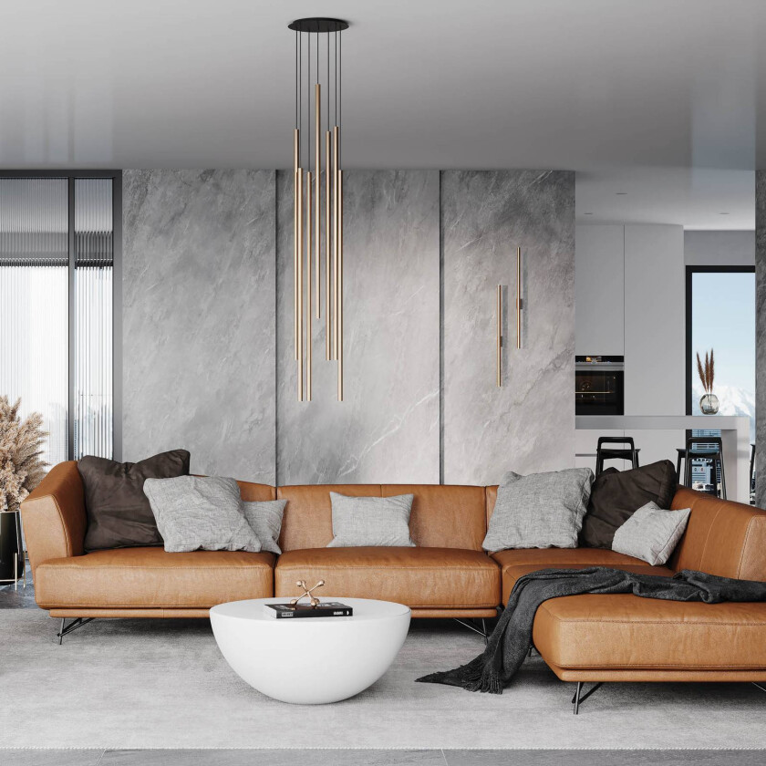 Laserpendellampe, syv lys, messing