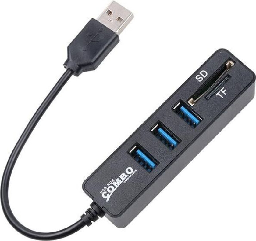 Mini USB 2.0 Minnekortleser + USB Hub, Svart