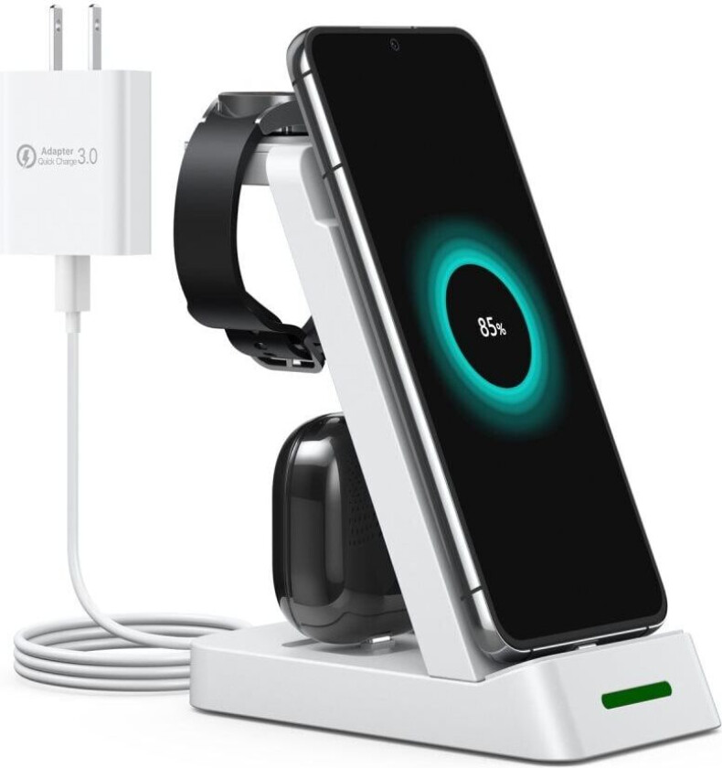 INF Multifunksjonell trådløs lader for telefon, Samsung smartklokke, øreplugger Hvit