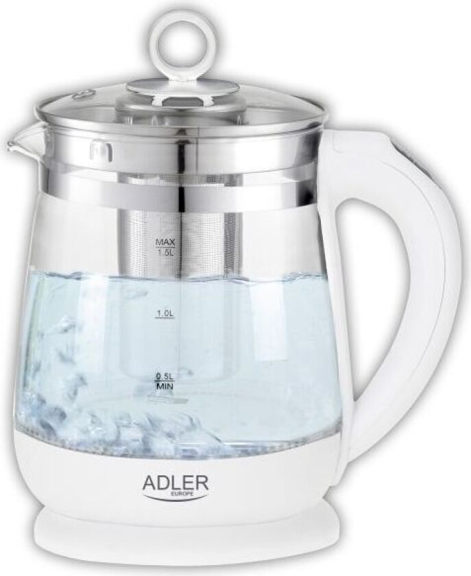 Adler AD 1299, 1,5 l, 1850 W, Hvit, Glass, Justerbar termostat, Vannivåindikator
