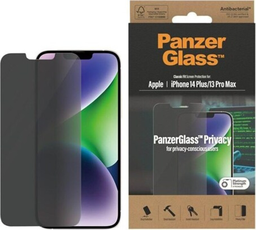 iPhone 14 Plus / 13 Pro Max  AntiBacterial Classic Fit Skjermbeskyttelsesglass - Privacy Filter - Platinum Strength - Gjennomsiktig