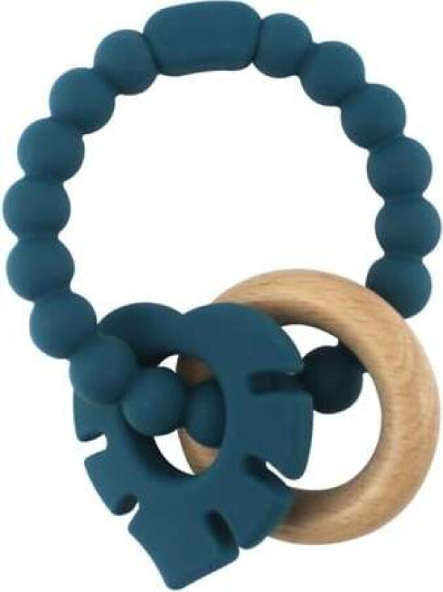 - Teether bracelet silicone with wooden ring and leaves appendix - Petroleum green (5546)