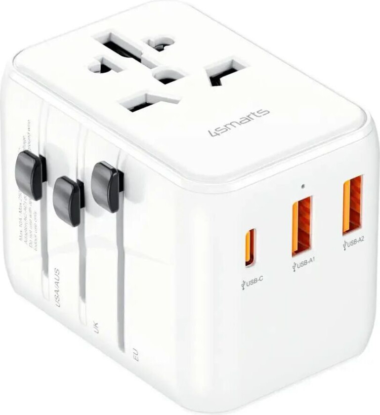 4smarts World Reiseadapter m. 2 x USB-A, 1 x USB-C og 1 x AC-Strømuttak - Hvit